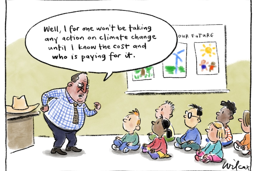 Komiks przedstawiający mężczyznę o czerwonej twarzy rozmawiającego z dziećmi o tym, kto płaci cenę za zmiany klimatyczne