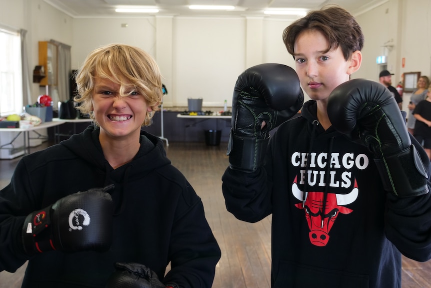 Two boys stand with fists raised in boxing gloves.