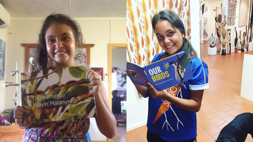 Two side-by-side photos of Siena Stubbs with the early and finished versions of her book Our Birds.