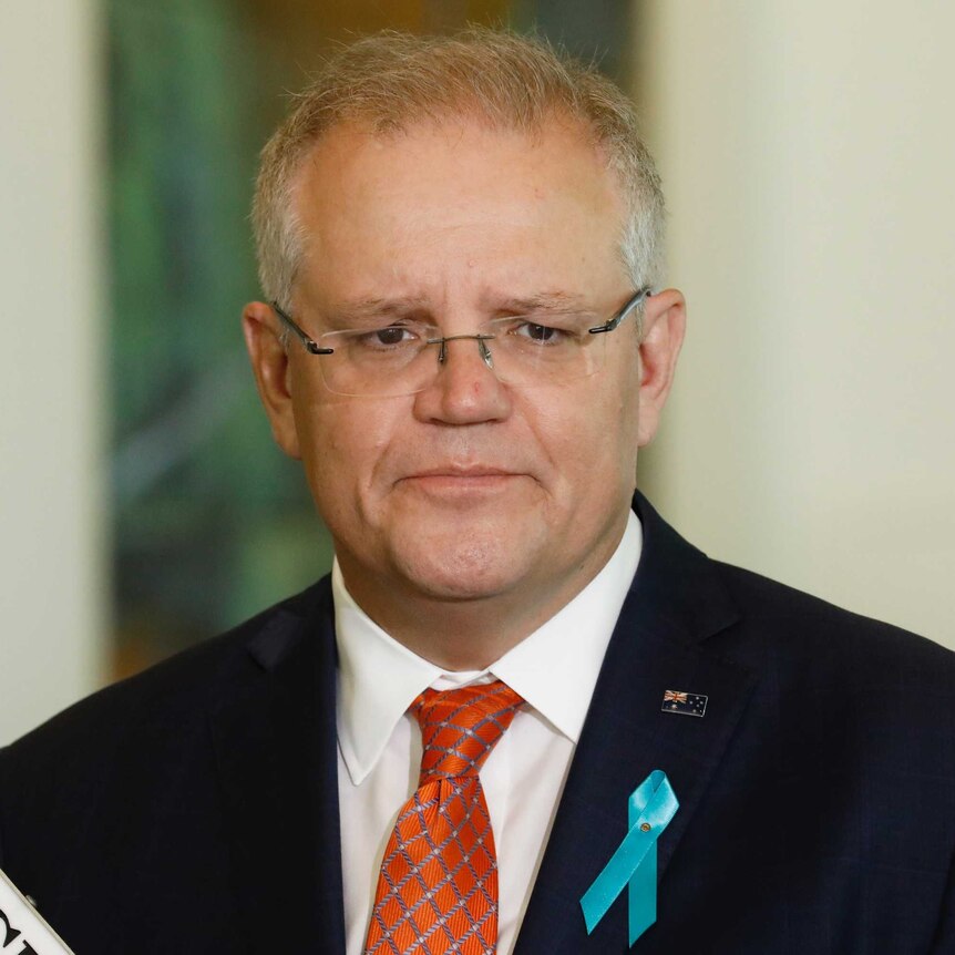 Scott Morrison responds to journalists' questions wearing an ovarian cancer charity pin