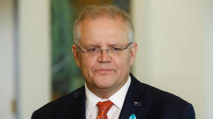 Scott Morrison responds to journalists' questions wearing an ovarian cancer charity pin