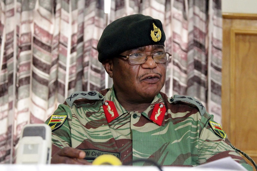 Zimbabwe's Army Commander Constantino Chiwenga addresses a press conference in Harare