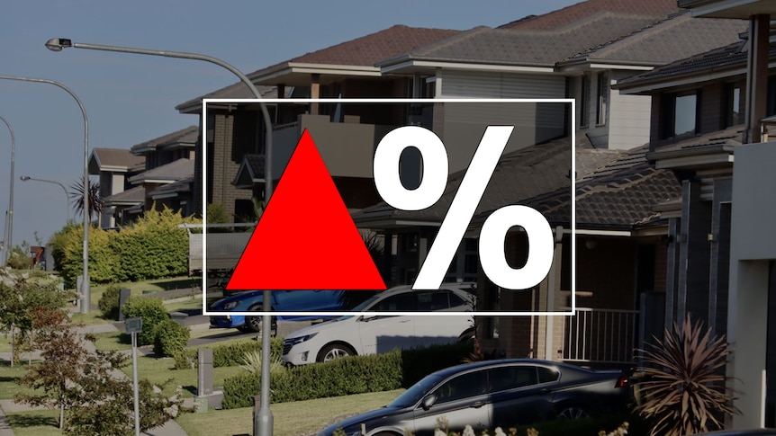 A graphic of a red up arrow next to a percentage sign, overlaid on a street view of a row of houses.