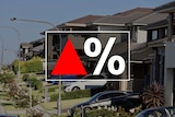 A graphic of a red up arrow next to a percentage sign, overlaid on a street view of a row of houses.