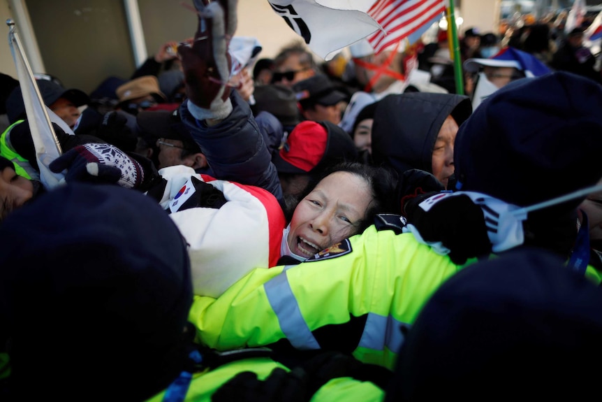 Police officers and protesters scuffle in South Korea.