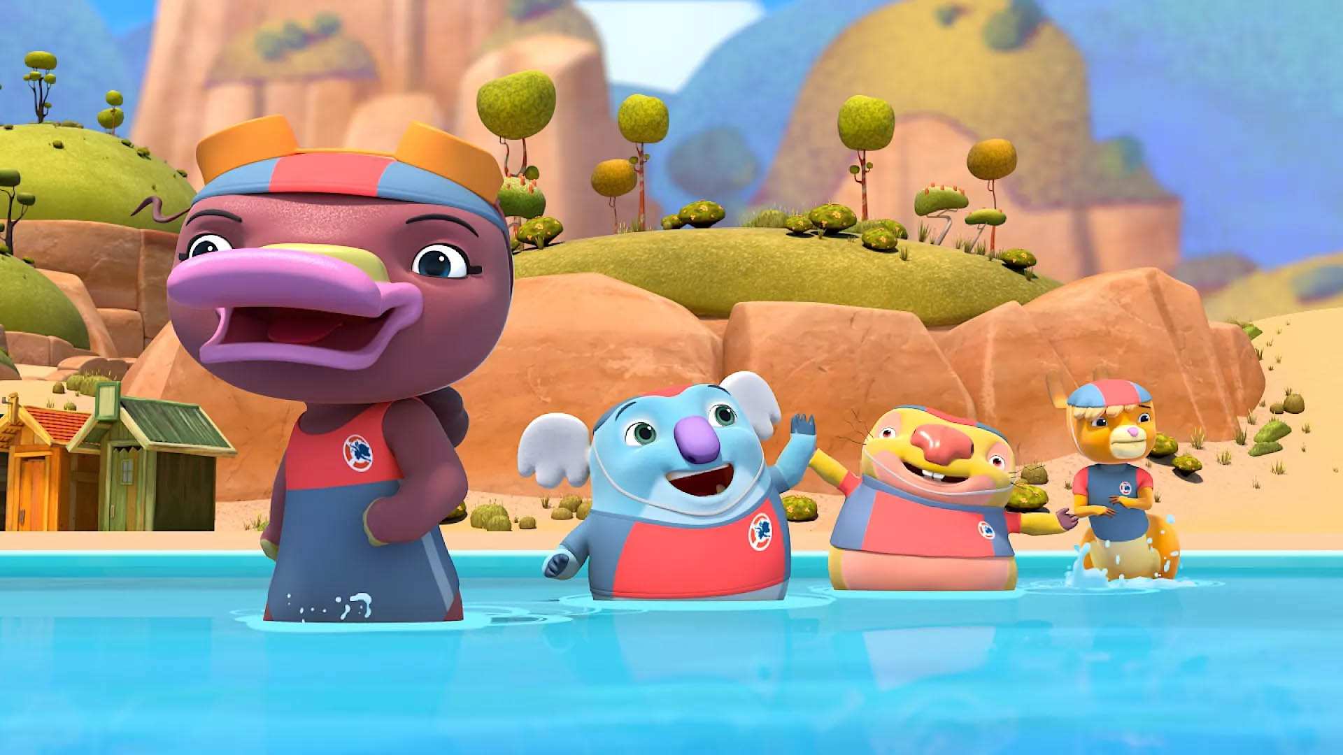 Kangaroo Beach characters standing in the water at the beach