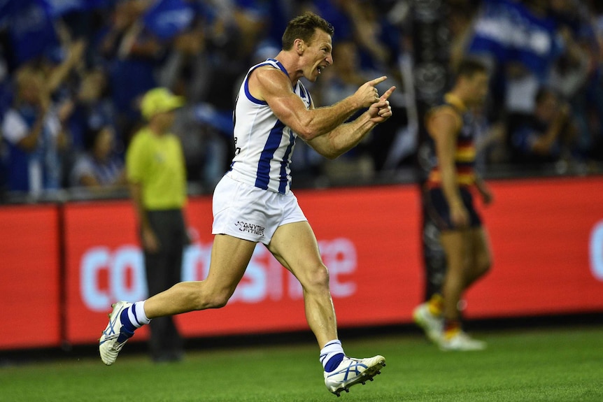 Brent Harvey celebrates during North Melbourne's win over Adelaide