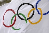 The Olympic flag flies during Olympic flame ceremony rehearsal on March 24, 2004 in Olympia, Greece.