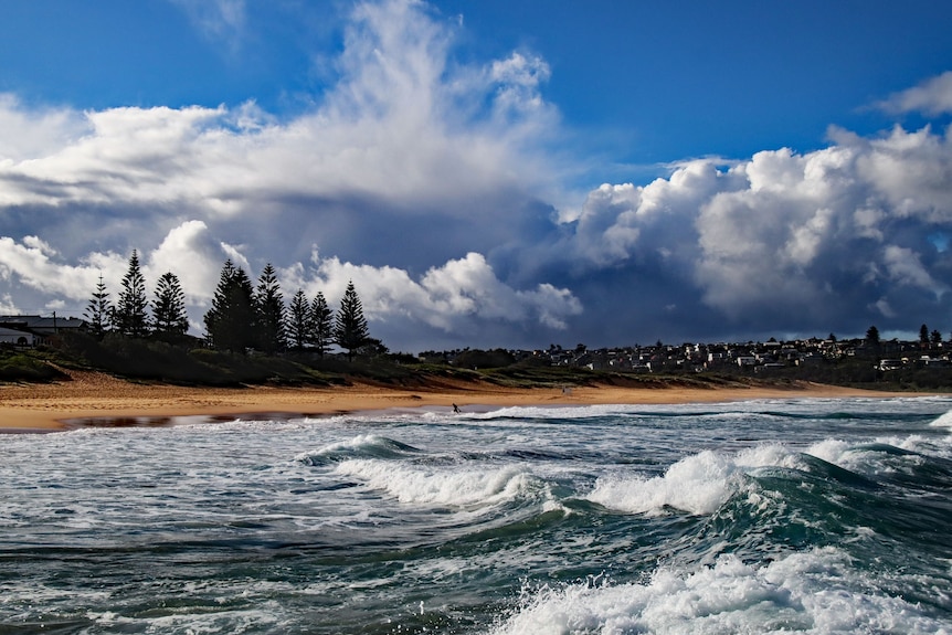 A photo of a beach as storm clouds roll in from the horizon.