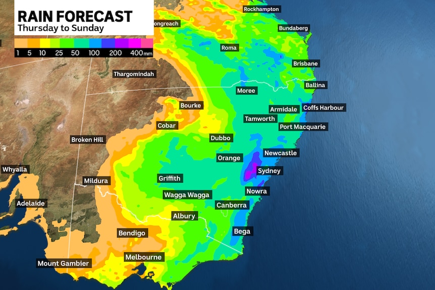 A map forecast of rain across New South Wales