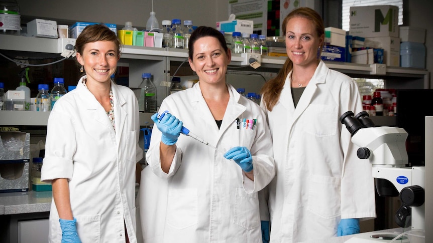 Researchers Dr Aleona Swegen, Dr Zamira Gibb, Dr Jen Clulow stand in a lab.