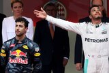 Daniel Ricciardo and Lewis Hamilton on the podium in Monaco