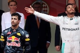 Daniel Ricciardo and Lewis Hamilton on the podium in Monaco