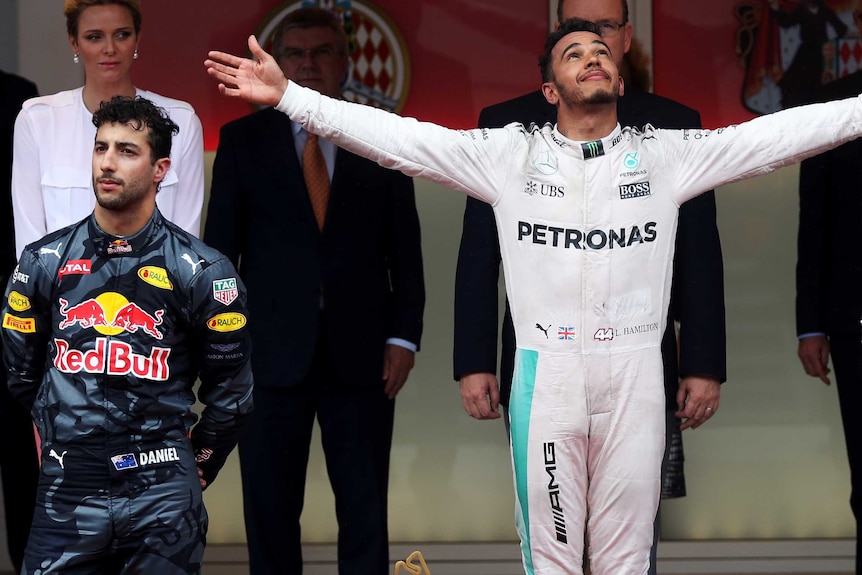 Daniel Ricciardo and Lewis Hamilton on the podium in Monaco