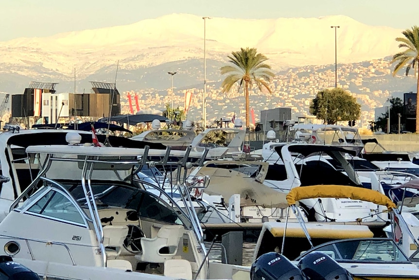 Snow on the mountains near Beirut, behind boats and palm trees