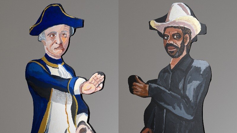 Two paintings of men standing side-by-side