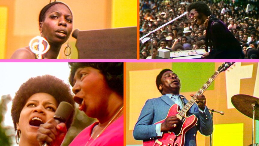 A composite image of Sly Stone, BB King, Nina Simone, Mavis Staples and Mahalia Jackson featured in the Summer of Soul film