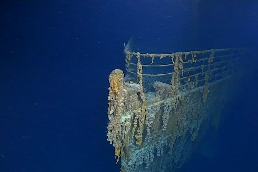 The wreck of the Titanic in the gloomy depths