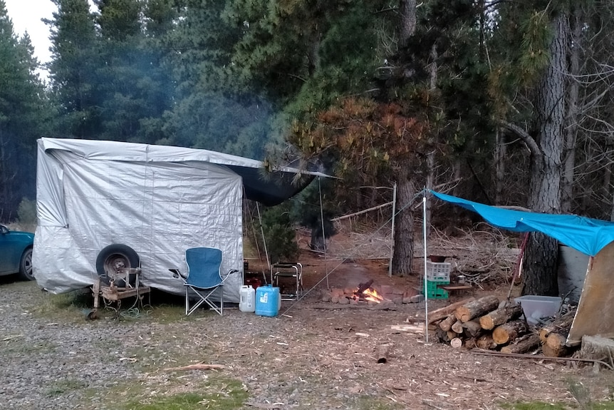A makeshift accommodation of tent, chairs, fire wood and tarp in a Victorian forest.