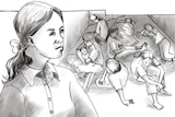 A black and white sketch of a Cambodian woman and in the background many women sleeping in a jail cell.