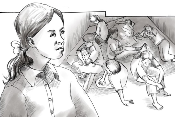 A black and white sketch of a Cambodian woman and in the background many women sleeping in a jail cell.