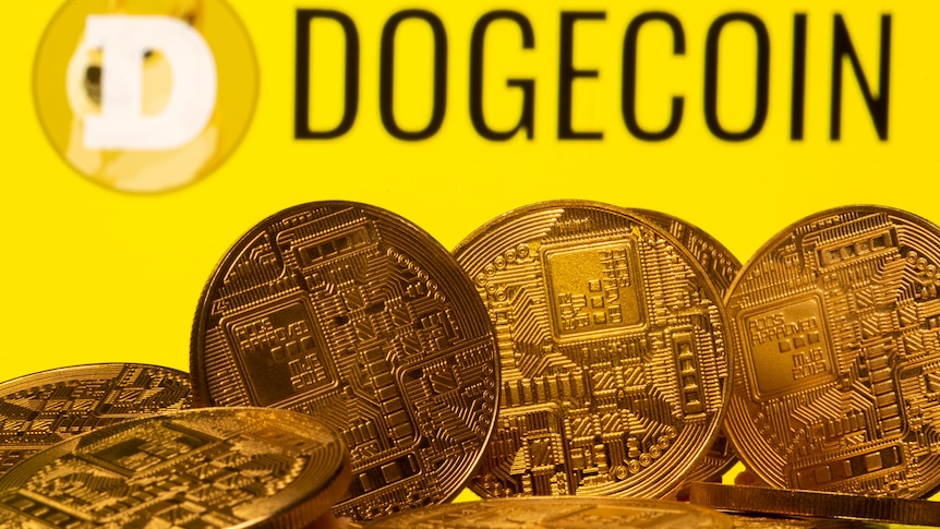 A yellow illustration of dogecoin.