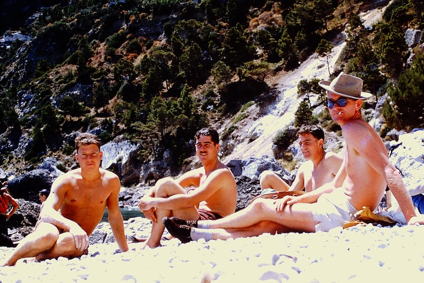 Hubert de Castella, John Hamilton, John Gorman and Sam Breen on a beach in in Capri, June 1955.