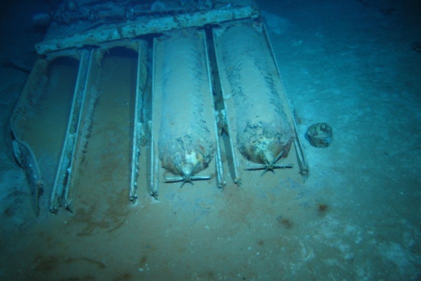 HMAS Sydney's quadruple torpedo tube mount on seabed.