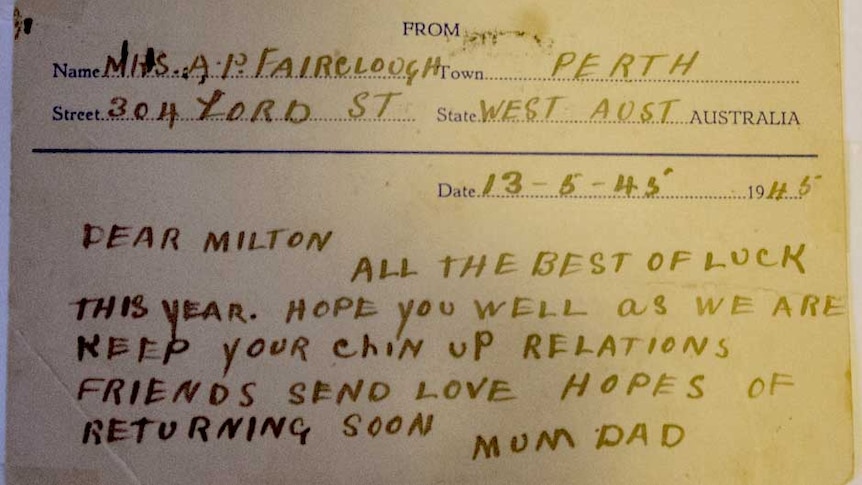 Postcard to Milton Fairclough in prison camp from his parents