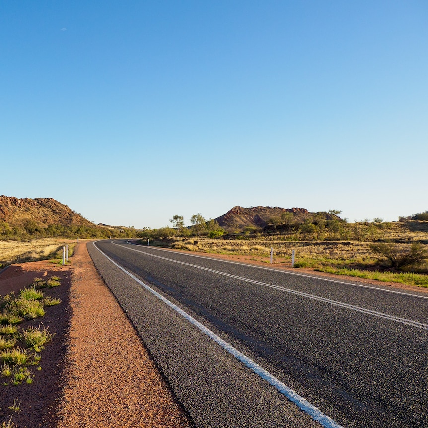 An empty road leading away to the horizon in a landscape with low, scrubby plants.