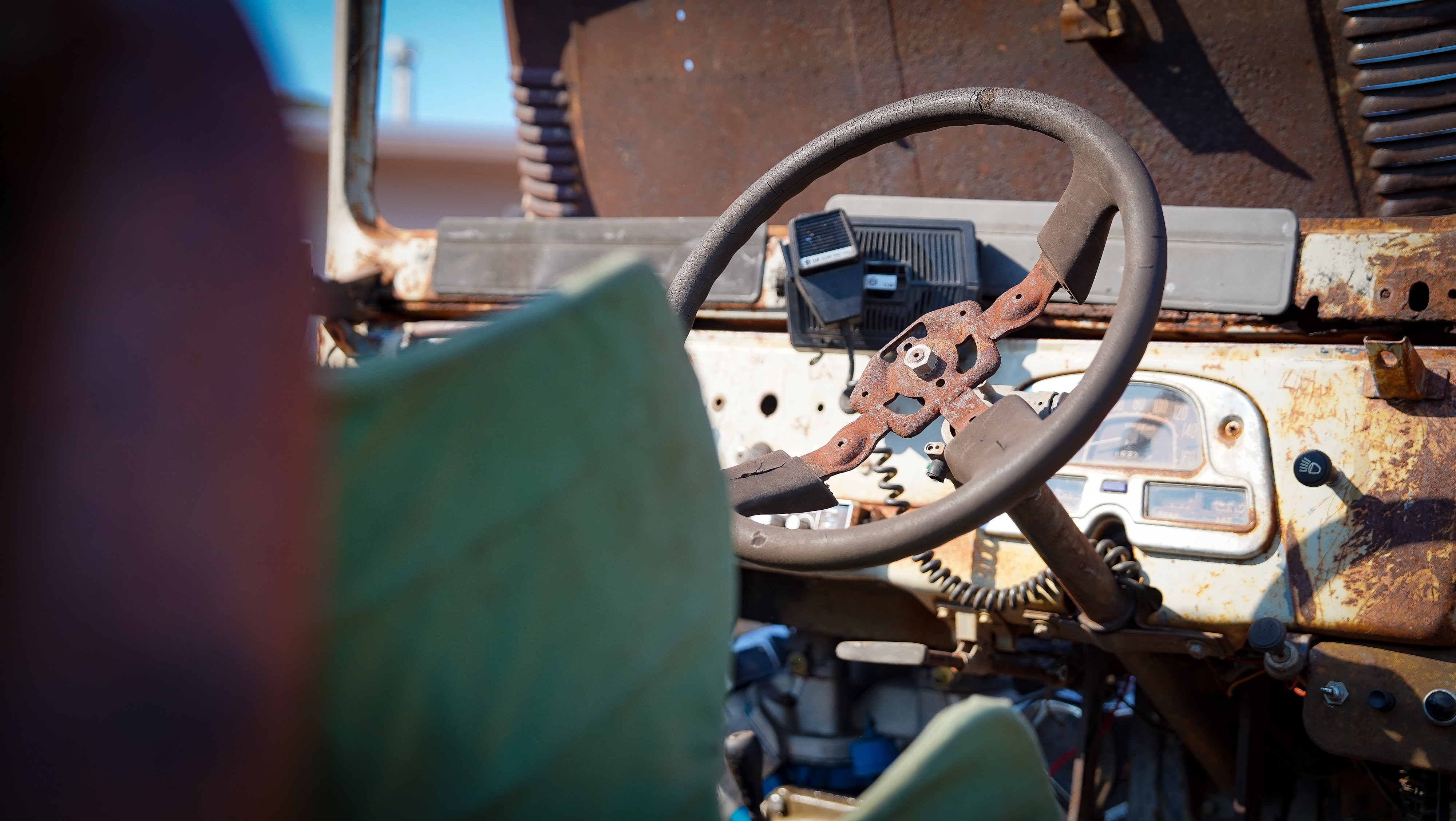 A close-up of the steering wheel in Warwick Thornton's bull catcher.