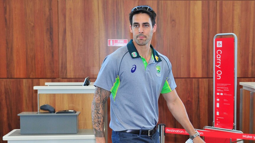 Mitchell Johnson arrives at Adelaide Airport
