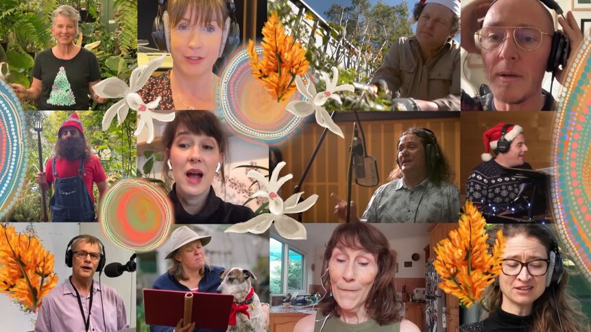 12 videos of people singing are compiled into a single screen with illustrations of Australian flora interspersed between them.