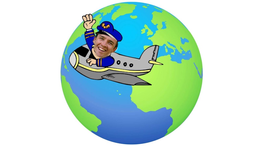 Declan Byrne's face photoshopped into a clip art image of a pilot flying around the globe.