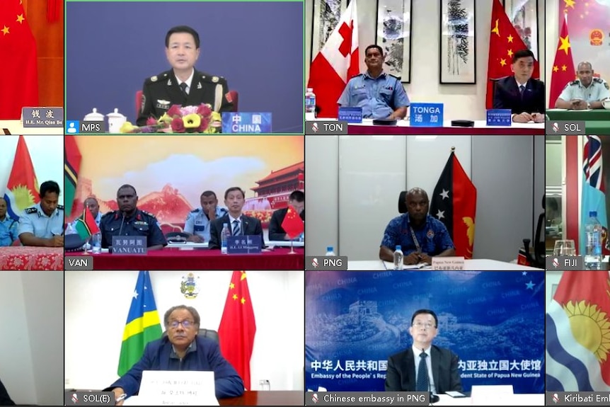 Police officers from different nations appearing in a virtual meeting.