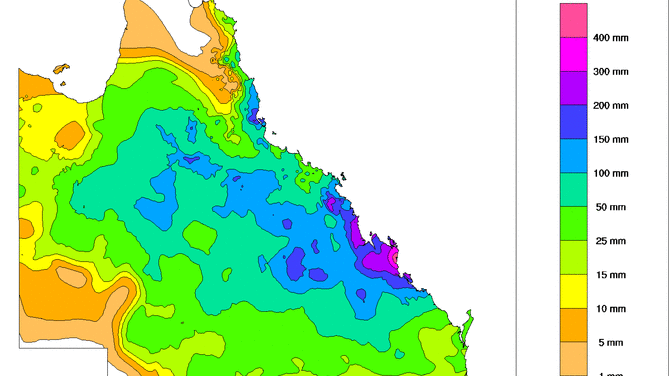 A map of rain that has fallen through Queensland the week up to the 19th of July 2016.