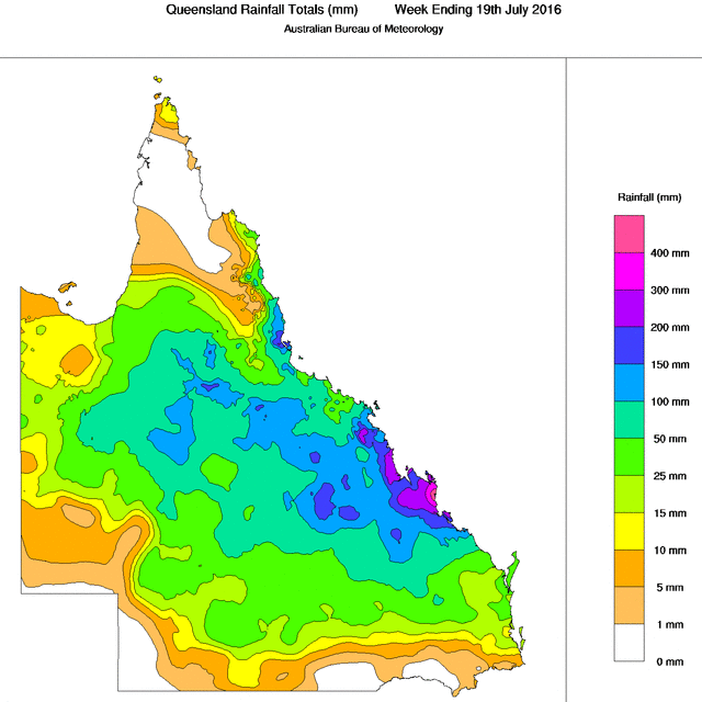 A map of rain that has fallen through Queensland the week up to the 19th of July 2016.