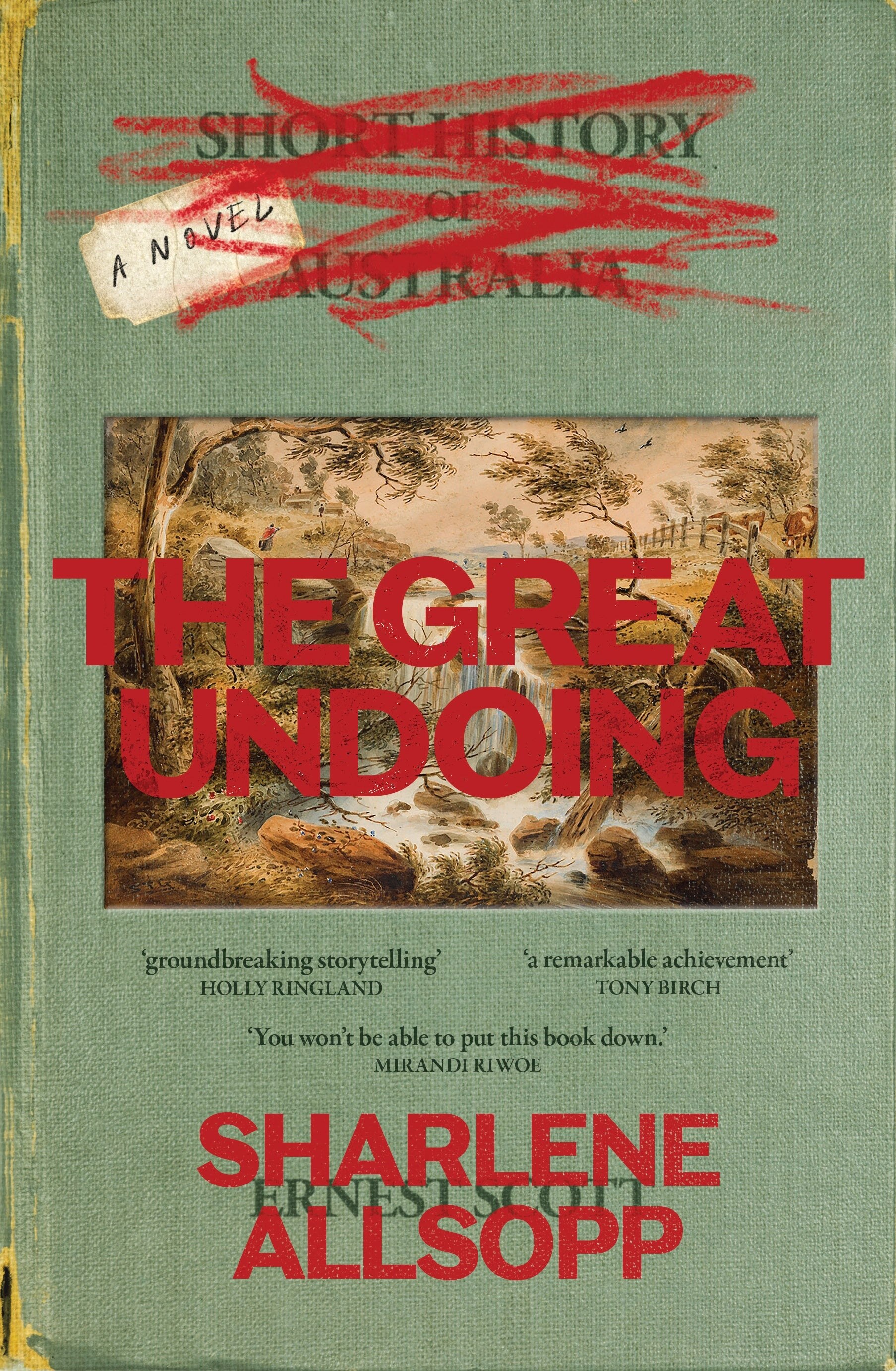 An early 20th century book cover with an image of a bush landscape with red text printed over the top