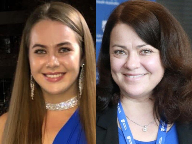 Daniela and Aleksandra Vergulis, in separate images, smile at the camera. Daniela wears sparking earrings and a necklace.