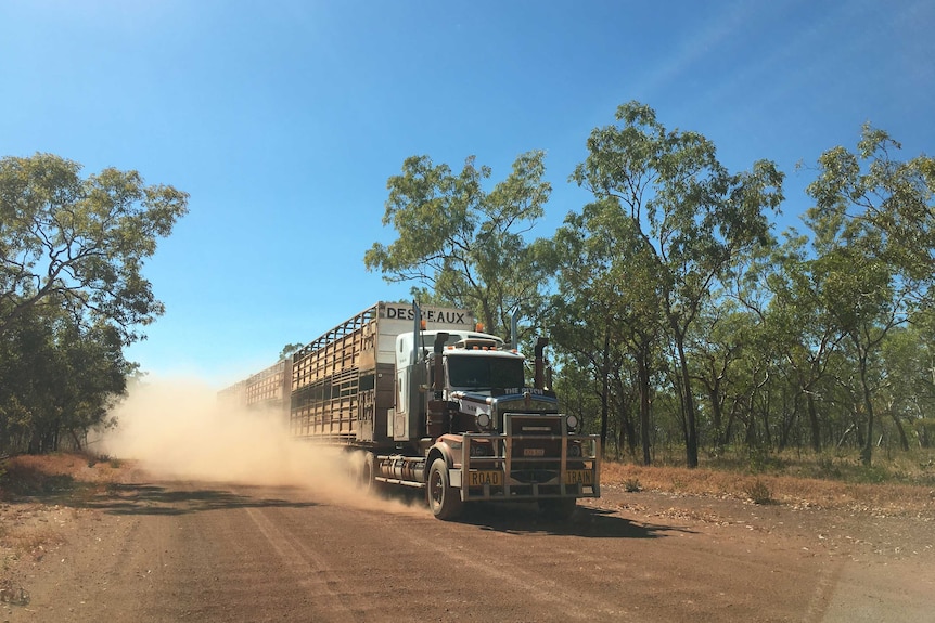 A photo of a truck speeding down a dirt highway