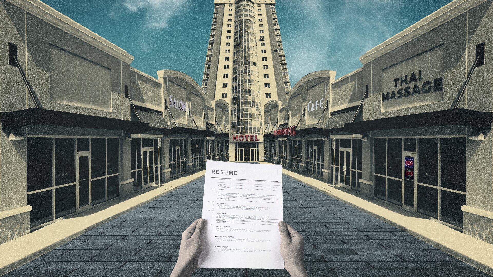Graphic of a person holding a resume in a shopping strip.
