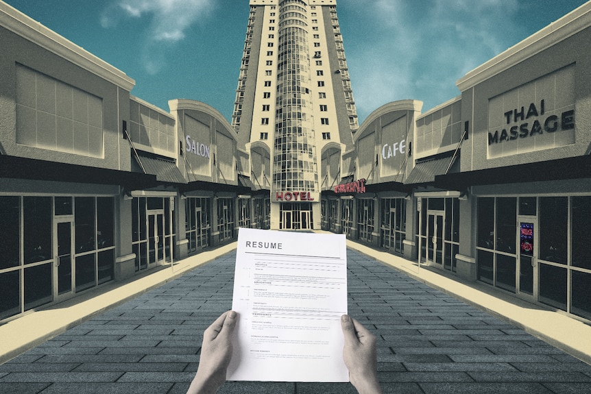 Graphic of a person holding a resume in a shopping strip.