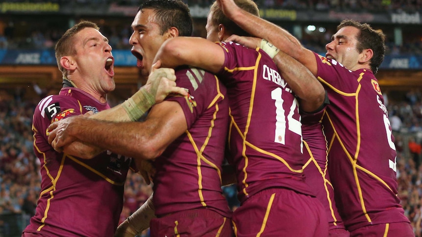 We've done it! Justin Hodges' try pushed the Maroons further ahead in the second half.