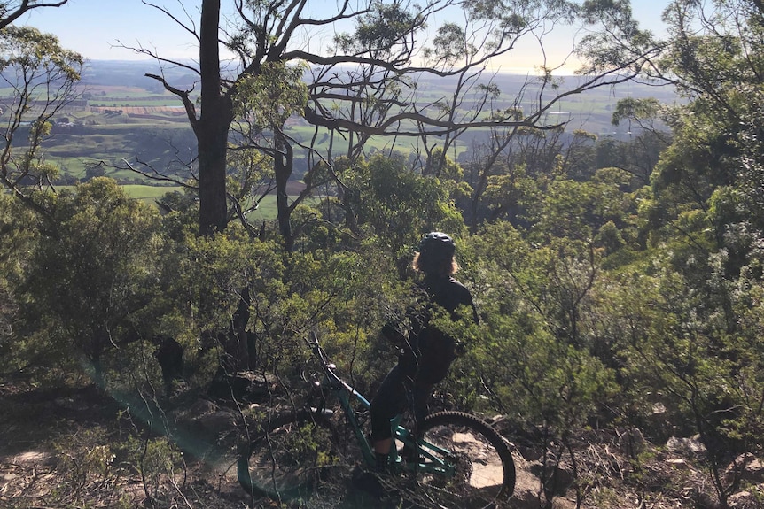A cyclist pauses to take in a view across farmland from mountain