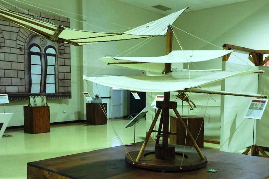 Small-scale models of Leonardo da Vinci's aircraft wing and helicopter designs