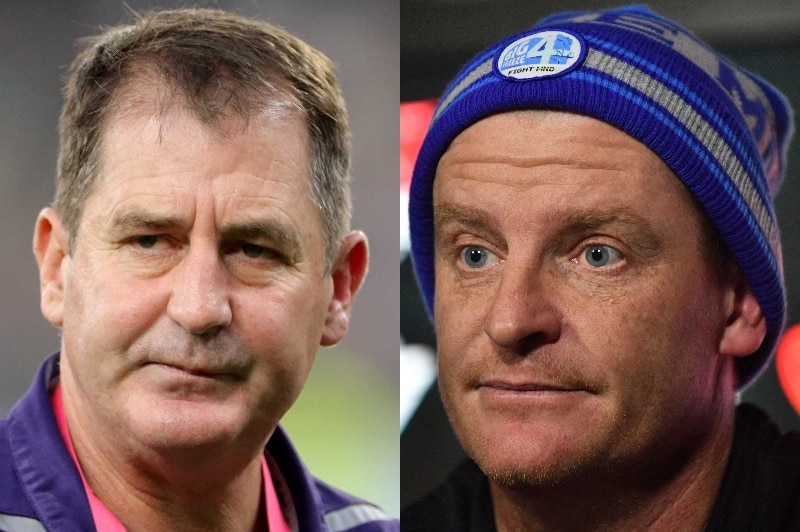 A headshot of Ross Lyon next to a headshot of Michael Voss wearing a blue beanie