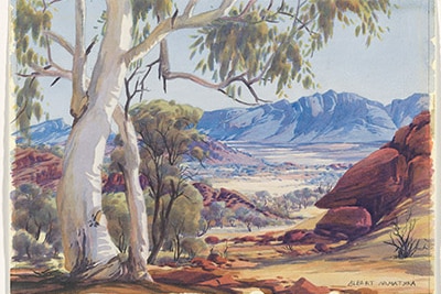 A watercolour painting of the Central Australian outback.