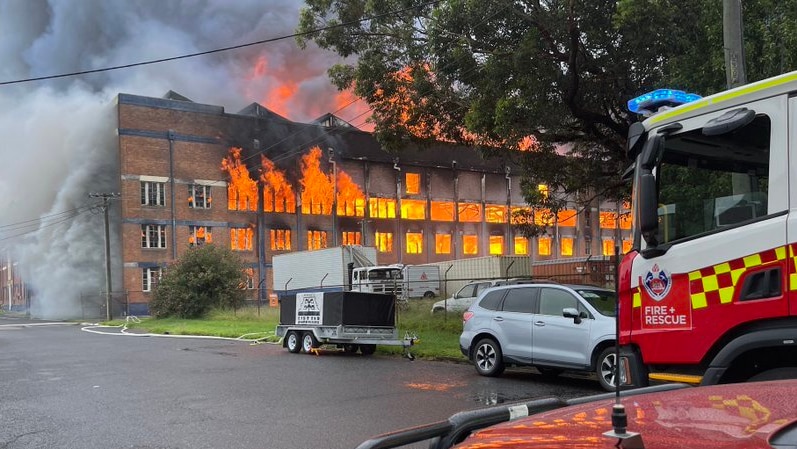 A large building on fire.