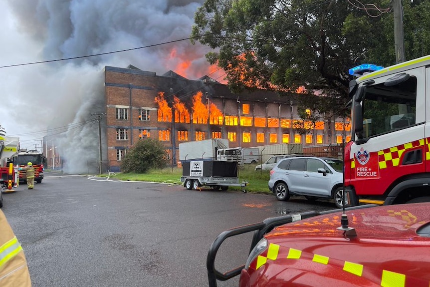 A large building on fire.