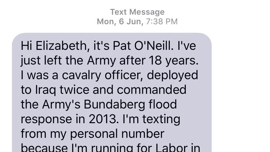 A text message from Labor candidate for Brisbane Pat O'Neill